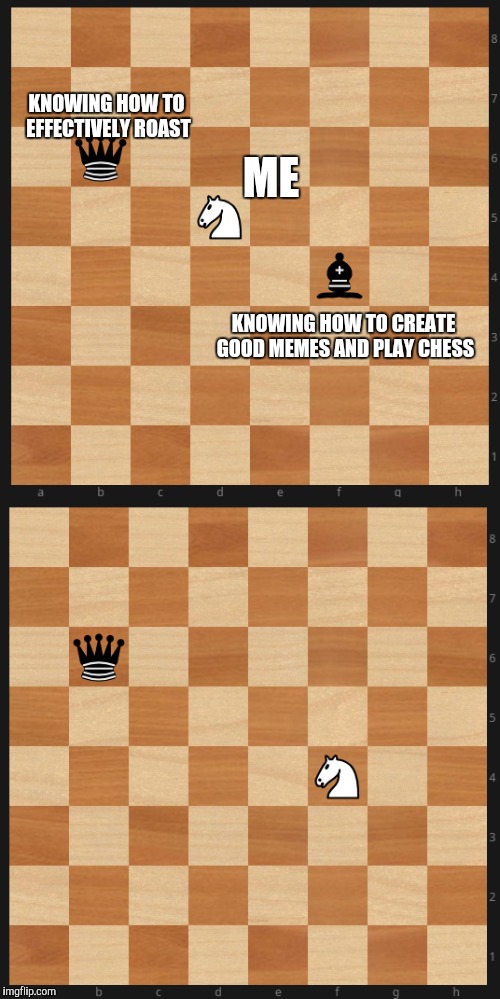 Chess Knight takes Bishop | KNOWING HOW TO EFFECTIVELY ROAST; ME; KNOWING HOW TO CREATE GOOD MEMES AND PLAY CHESS | image tagged in chess knight takes bishop | made w/ Imgflip meme maker