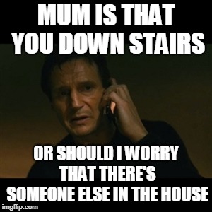 Liam Neeson Taken Meme | MUM IS THAT YOU DOWN STAIRS; OR SHOULD I WORRY THAT THERE'S SOMEONE ELSE IN THE HOUSE | image tagged in memes,liam neeson taken | made w/ Imgflip meme maker