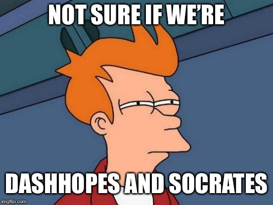 Futurama Fry Meme | NOT SURE IF WE’RE DASHHOPES AND SOCRATES | image tagged in memes,futurama fry | made w/ Imgflip meme maker
