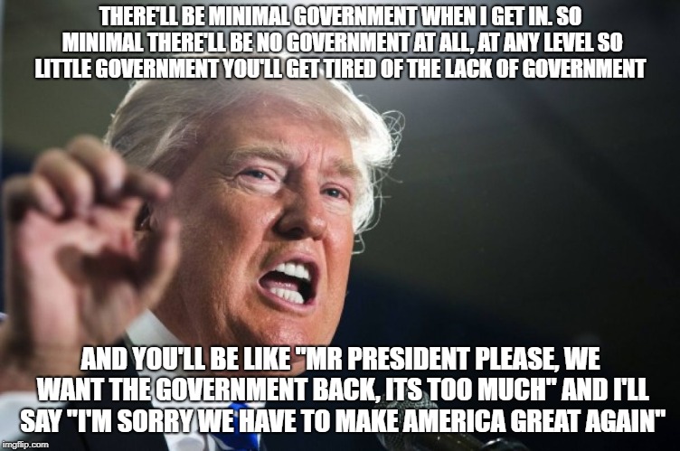 donald trump | THERE'LL BE MINIMAL GOVERNMENT WHEN I GET IN. SO MINIMAL THERE'LL BE NO GOVERNMENT AT ALL, AT ANY LEVEL SO LITTLE GOVERNMENT YOU'LL GET TIRED OF THE LACK OF GOVERNMENT; AND YOU'LL BE LIKE "MR PRESIDENT PLEASE, WE WANT THE GOVERNMENT BACK, ITS TOO MUCH" AND I'LL SAY "I'M SORRY WE HAVE TO MAKE AMERICA GREAT AGAIN" | image tagged in donald trump | made w/ Imgflip meme maker