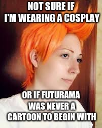 Made a meme for the cartoon image, and a Farnsworth cosplay meme recently, so I figured why not? lol | NOT SURE IF I'M WEARING A COSPLAY; OR IF FUTURAMA WAS NEVER A CARTOON TO BEGIN WITH | image tagged in futurama fry,futurama | made w/ Imgflip meme maker