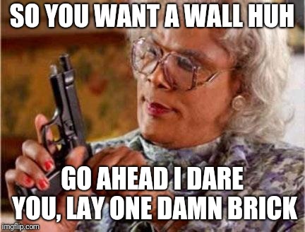Madea | SO YOU WANT A WALL HUH; GO AHEAD I DARE YOU, LAY ONE DAMN BRICK | image tagged in madea | made w/ Imgflip meme maker
