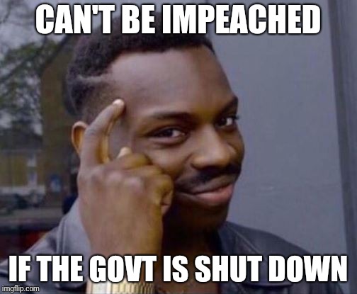 black guy pointing at head | CAN'T BE IMPEACHED; IF THE GOVT IS SHUT DOWN | image tagged in black guy pointing at head | made w/ Imgflip meme maker