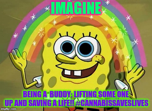 Imagination Spongebob | IMAGINE; BEING A  BUDDY; LIFTING SOME ONE UP AND SAVING A LIFE!! #CANNABISSAVESLIVES | image tagged in memes,imagination spongebob | made w/ Imgflip meme maker