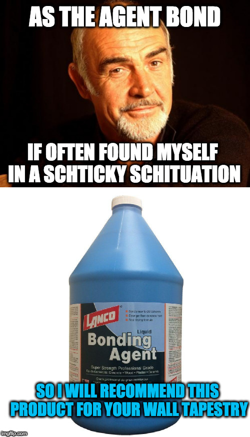 AS THE AGENT BOND; IF OFTEN FOUND MYSELF IN A SCHTICKY SCHITUATION; SO I WILL RECOMMEND THIS PRODUCT FOR YOUR WALL TAPESTRY | image tagged in sean connery of coursh | made w/ Imgflip meme maker
