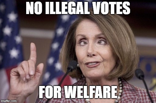 Nancy pelosi | NO ILLEGAL VOTES; FOR WELFARE | image tagged in nancy pelosi | made w/ Imgflip meme maker