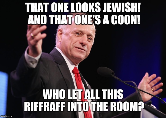 Steve King | THAT ONE LOOKS JEWISH! AND THAT ONE'S A COON! WHO LET ALL THIS RIFFRAFF INTO THE ROOM? | image tagged in steve king | made w/ Imgflip meme maker