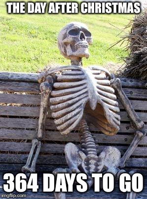 Waiting Skeleton Meme | THE DAY AFTER CHRISTMAS; 364 DAYS TO GO | image tagged in memes,waiting skeleton | made w/ Imgflip meme maker