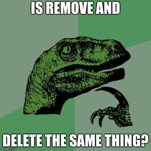 Philosoraptor | IS REMOVE AND; DELETE THE SAME THING? | image tagged in memes,philosoraptor | made w/ Imgflip meme maker