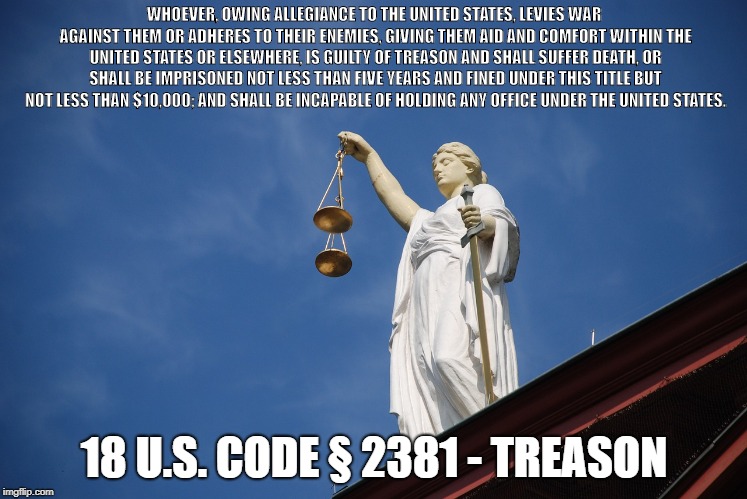 Treason | WHOEVER, OWING ALLEGIANCE TO THE UNITED STATES, LEVIES WAR AGAINST THEM OR ADHERES TO THEIR ENEMIES, GIVING THEM AID AND COMFORT WITHIN THE UNITED STATES OR ELSEWHERE, IS GUILTY OF TREASON AND SHALL SUFFER DEATH, OR SHALL BE IMPRISONED NOT LESS THAN FIVE YEARS AND FINED UNDER THIS TITLE BUT NOT LESS THAN $10,000; AND SHALL BE INCAPABLE OF HOLDING ANY OFFICE UNDER THE UNITED STATES. 18 U.S. CODE § 2381 - TREASON | image tagged in ladyliberty | made w/ Imgflip meme maker