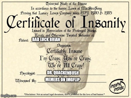 Blank certificate of insanity | MEMERS ON IMGFLIP DR. QUACKENBUSH BAD LUCK BRIAN | image tagged in blank certificate of insanity | made w/ Imgflip meme maker