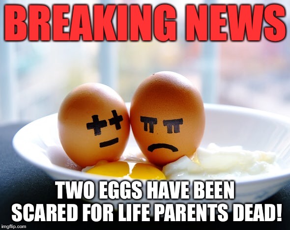 Breaking news! |  BREAKING NEWS; TWO EGGS HAVE BEEN SCARED FOR LIFE PARENTS DEAD! | image tagged in lol,funny,egg,death | made w/ Imgflip meme maker