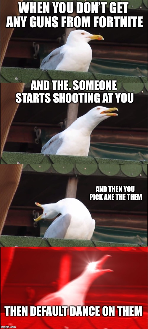 Inhaling Seagull Meme | WHEN YOU DON’T GET ANY GUNS FROM FORTNITE; AND THE. SOMEONE STARTS SHOOTING AT YOU; AND THEN YOU PICK AXE THE THEM; THEN DEFAULT DANCE ON THEM | image tagged in memes,inhaling seagull | made w/ Imgflip meme maker