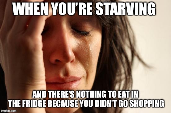 First World Problems Meme | WHEN YOU’RE STARVING; AND THERE’S NOTHING TO EAT IN THE FRIDGE BECAUSE YOU DIDN’T GO SHOPPING | image tagged in memes,first world problems | made w/ Imgflip meme maker