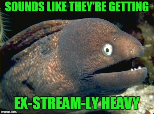 Bad Joke Eel Meme | SOUNDS LIKE THEY'RE GETTING EX-STREAM-LY HEAVY | image tagged in memes,bad joke eel | made w/ Imgflip meme maker