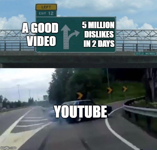 Left Exit 12 Off Ramp | A GOOD VIDEO; 5 MILLION DISLIKES IN 2 DAYS; YOUTUBE | image tagged in memes,left exit 12 off ramp | made w/ Imgflip meme maker