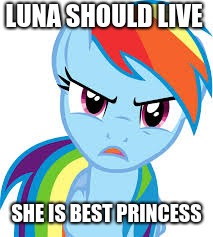 Angry Rainbow Dash | LUNA SHOULD LIVE; SHE IS BEST PRINCESS | image tagged in angry rainbow dash | made w/ Imgflip meme maker