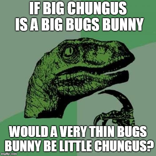Philosoraptor | IF BIG CHUNGUS IS A BIG BUGS BUNNY; WOULD A VERY THIN BUGS BUNNY BE LITTLE CHUNGUS? | image tagged in memes,philosoraptor | made w/ Imgflip meme maker