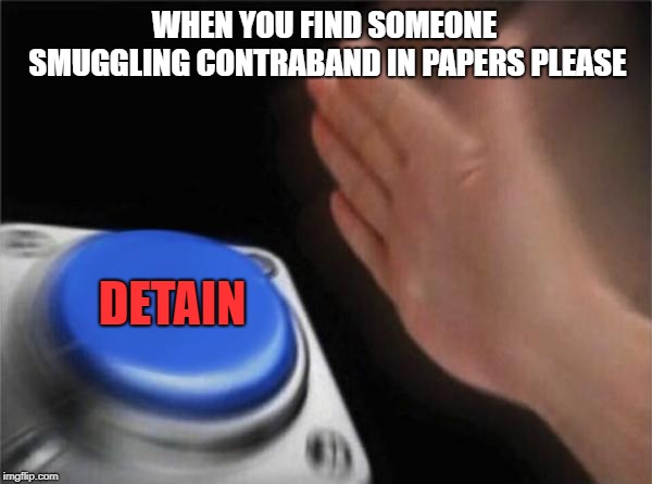 Blank Nut Button Meme | WHEN YOU FIND SOMEONE SMUGGLING CONTRABAND IN PAPERS PLEASE; DETAIN | image tagged in memes,blank nut button | made w/ Imgflip meme maker