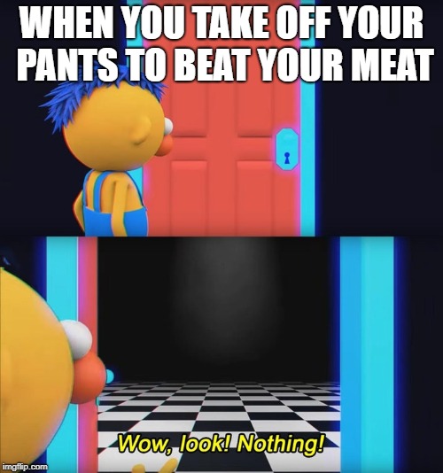 Wow, look! Nothing! | WHEN YOU TAKE OFF YOUR PANTS TO BEAT YOUR MEAT | image tagged in wow look nothing | made w/ Imgflip meme maker