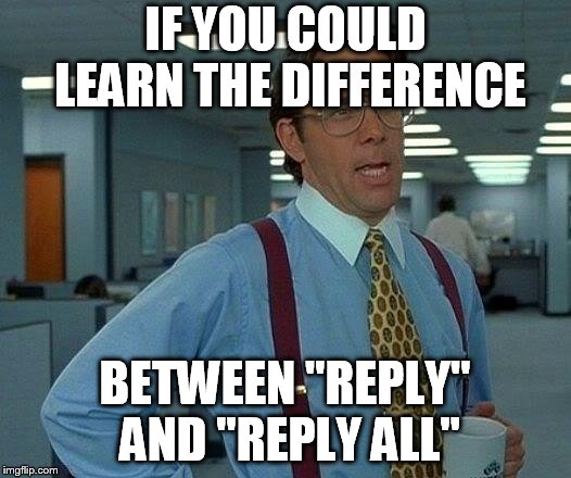 That Would Be Great Meme | IF YOU COULD LEARN THE DIFFERENCE; BETWEEN "REPLY" AND "REPLY ALL" | image tagged in memes,that would be great | made w/ Imgflip meme maker