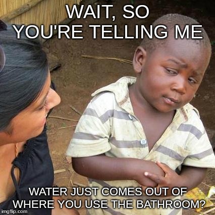 Third World Skeptical Kid Meme | WAIT, SO YOU'RE TELLING ME; WATER JUST COMES OUT OF WHERE YOU USE THE BATHROOM? | image tagged in memes,third world skeptical kid | made w/ Imgflip meme maker