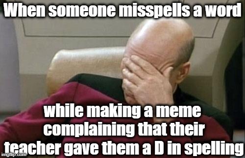 Captain Picard Facepalm Meme | When someone misspells a word; while making a meme complaining that their teacher gave them a D in spelling | image tagged in memes,captain picard facepalm | made w/ Imgflip meme maker
