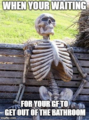 Waiting Skeleton | WHEN YOUR WAITING; FOR YOUR GF TO GET OUT OF THE BATHROOM | image tagged in memes,waiting skeleton | made w/ Imgflip meme maker