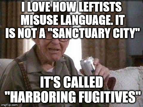 I LOVE HOW LEFTISTS MISUSE LANGUAGE. IT IS NOT A "SANCTUARY CITY"; IT'S CALLED "HARBORING FUGITIVES" | image tagged in grumpy old man | made w/ Imgflip meme maker