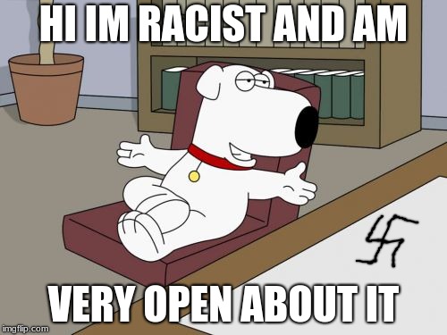 Brian Griffin | HI IM RACIST AND AM; VERY OPEN ABOUT IT | image tagged in memes,brian griffin | made w/ Imgflip meme maker
