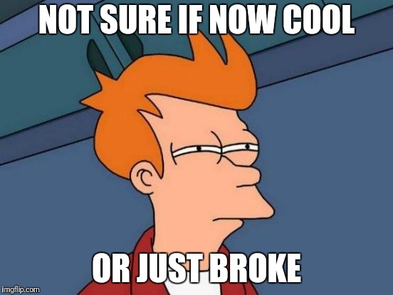 Futurama Fry Meme | NOT SURE IF NOW COOL OR JUST BROKE | image tagged in memes,futurama fry | made w/ Imgflip meme maker