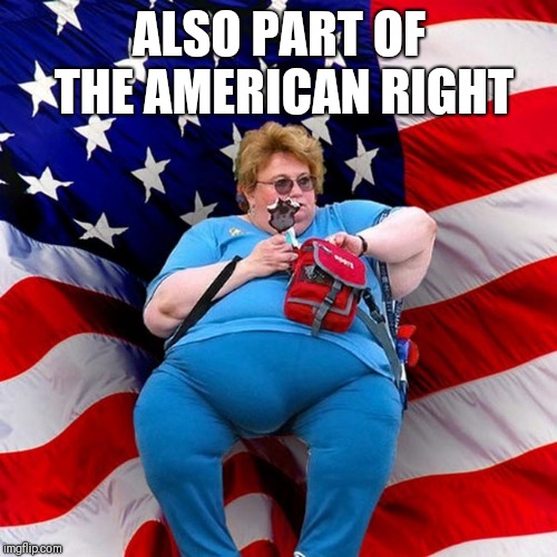 Obese conservative american woman | ALSO PART OF THE AMERICAN RIGHT | image tagged in obese conservative american woman | made w/ Imgflip meme maker