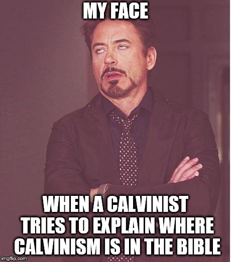 Face You Make Robert Downey Jr Meme | MY FACE; WHEN A CALVINIST TRIES TO EXPLAIN WHERE CALVINISM IS IN THE BIBLE | image tagged in memes,face you make robert downey jr | made w/ Imgflip meme maker