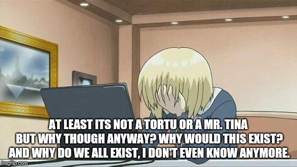 Anime face palm  | AT LEAST ITS NOT A TORTU OR A MR. TINA BUT WHY THOUGH ANYWAY? WHY WOULD THIS EXIST? AND WHY DO WE ALL EXIST, I DON'T EVEN KNOW ANYMORE. | image tagged in anime face palm | made w/ Imgflip meme maker