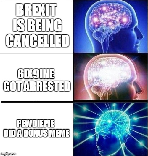 Expanding brain 3 panels | BREXIT IS BEING CANCELLED; 6IX9INE GOT ARRESTED; PEWDIEPIE DID A BONUS MEME | image tagged in expanding brain 3 panels | made w/ Imgflip meme maker