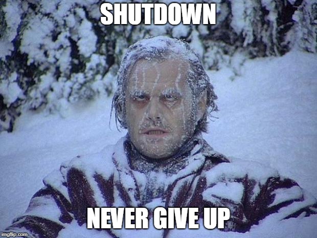 Jack Nicholson The Shining Snow Meme | SHUTDOWN; NEVER GIVE UP | image tagged in memes,jack nicholson the shining snow | made w/ Imgflip meme maker