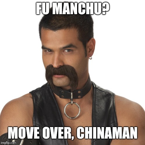 leather mustache | FU MANCHU? MOVE OVER, CHINAMAN | image tagged in leather mustache | made w/ Imgflip meme maker