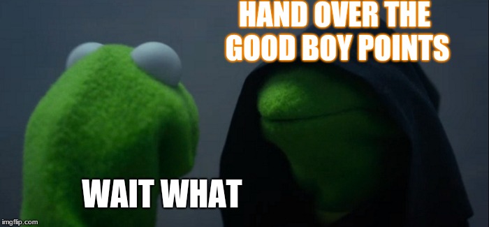 Evil Kermit | HAND OVER THE GOOD BOY POINTS; WAIT WHAT | image tagged in memes,evil kermit | made w/ Imgflip meme maker