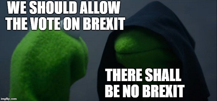 Evil Kermit Meme | WE SHOULD ALLOW THE VOTE ON BREXIT; THERE SHALL BE NO BREXIT | image tagged in memes,evil kermit | made w/ Imgflip meme maker