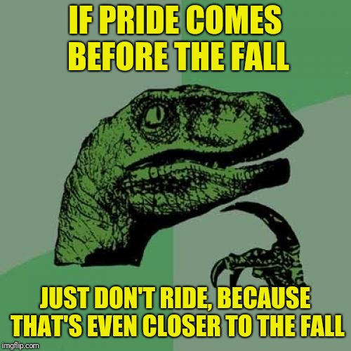 Philosoraptor | IF PRIDE COMES BEFORE THE FALL; JUST DON'T RIDE, BECAUSE THAT'S EVEN CLOSER TO THE FALL | image tagged in memes,philosoraptor | made w/ Imgflip meme maker