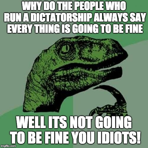 Philosoraptor | WHY DO THE PEOPLE WHO RUN A DICTATORSHIP ALWAYS SAY EVERY THING IS GOING TO BE FINE; WELL ITS NOT GOING TO BE FINE YOU IDIOTS! | image tagged in memes,philosoraptor | made w/ Imgflip meme maker