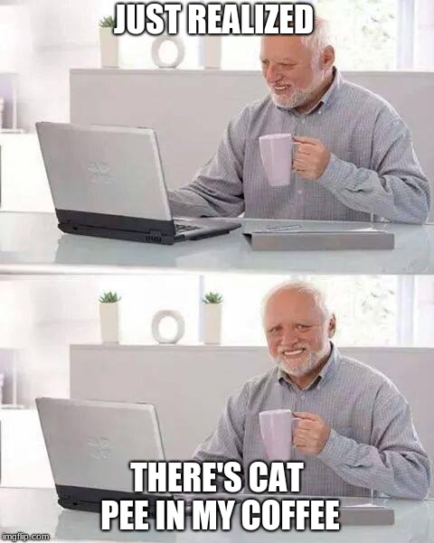 Hide the Pain Harold | JUST REALIZED; THERE'S CAT PEE IN MY COFFEE | image tagged in memes,hide the pain harold | made w/ Imgflip meme maker