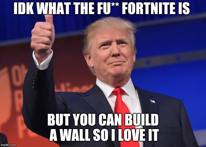 donald trump | IDK WHAT THE FU** FORTNITE IS; BUT YOU CAN BUILD A WALL SO I LOVE IT | image tagged in donald trump | made w/ Imgflip meme maker
