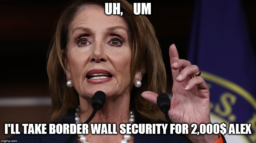Pelosi is about as sharp as a Bowling  Ball! | UH,    UM; I'LL TAKE BORDER WALL SECURITY FOR 2,000$ ALEX | image tagged in nancy pelosi,duhh | made w/ Imgflip meme maker