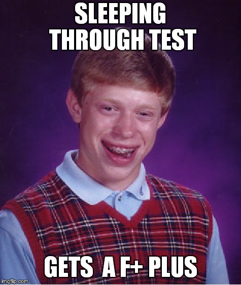 You shouldn't  done that | SLEEPING THROUGH TEST; GETS  A F+ PLUS | image tagged in memes,bad luck brian,school,test | made w/ Imgflip meme maker