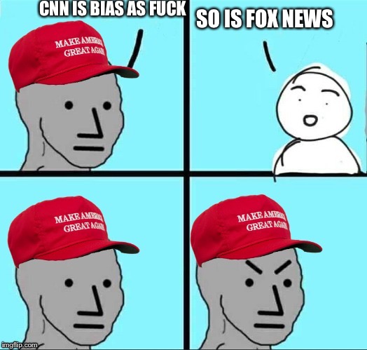 MAGA NPC (AN AN0NYM0US TEMPLATE) | CNN IS BIAS AS FUCK; SO IS FOX NEWS | image tagged in maga npc | made w/ Imgflip meme maker