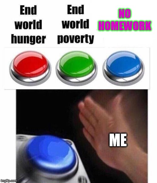 3 Button Decision | NO HOMEWORK; ME | image tagged in 3 button decision | made w/ Imgflip meme maker