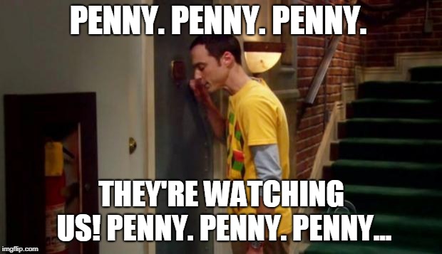Sheldon Knocking | PENNY. PENNY. PENNY. THEY'RE WATCHING US! PENNY. PENNY. PENNY... | image tagged in sheldon knocking | made w/ Imgflip meme maker