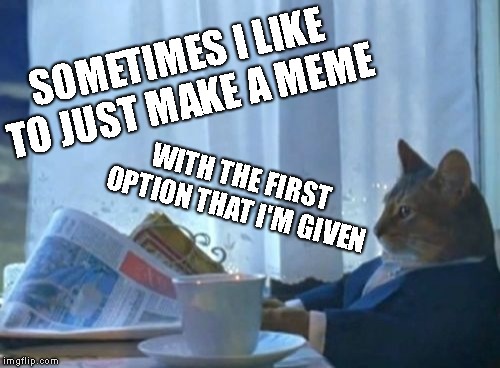 Now Respond With The First Option YOU Are Given..... | SOMETIMES I LIKE TO JUST MAKE A MEME; WITH THE FIRST OPTION THAT I'M GIVEN | image tagged in i should buy a boat cat,first meme,first response | made w/ Imgflip meme maker