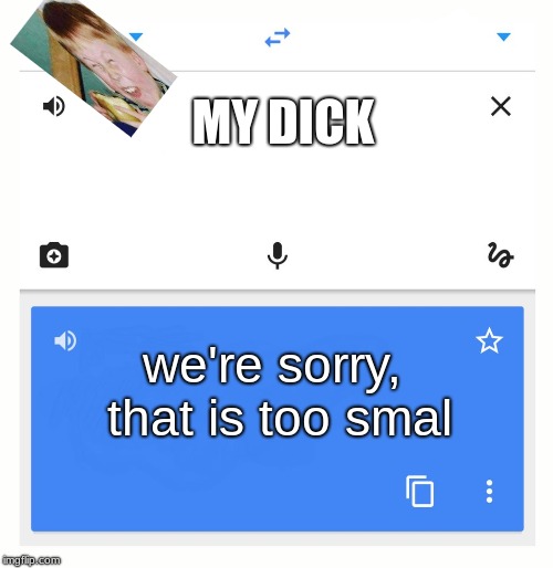 Google Translate | MY DICK; we're sorry, that is too smal | image tagged in google translate | made w/ Imgflip meme maker